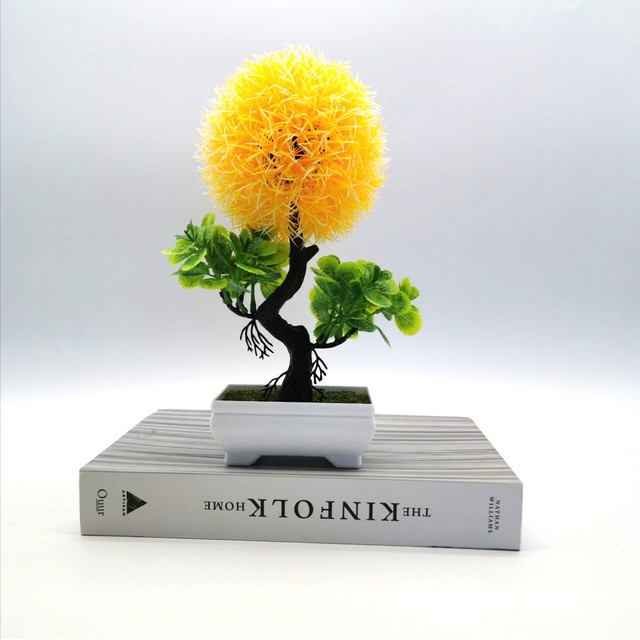 COD/BONSAI HIAS TANAMAN ARTIFISIAL BUNGA DEKORASI RUANGAN BUNGA PLASTIK POT BULAT PUTIH BP8818-Kuning