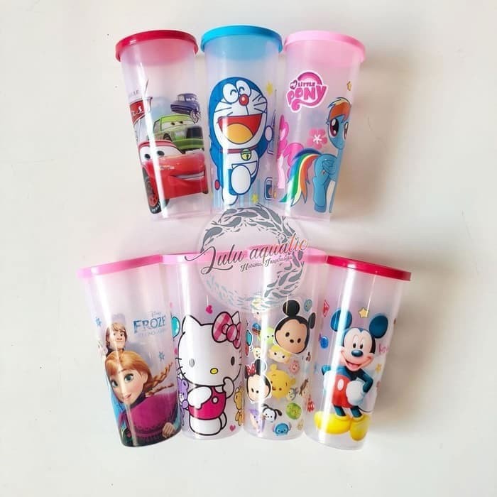 Gelas Minum Plastik / Gelas Minum Motif Kartun + tutup 500mL