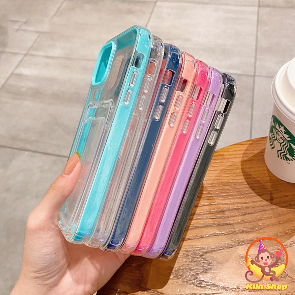 IPHONE Card Holder Heavy Duty Colorful Frame Crystal Phone Case Untuk Iphone12 11 Pro Max X Xs XR 87 Plus 3in1 Shockproof Bumper Lembut TPU Penutup Belakang