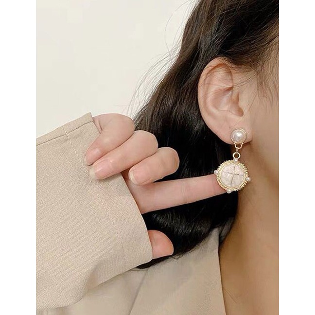 LRC Anting Tusuk Fashion White Pearl Cross Round Alloy Stud Earrings A61813