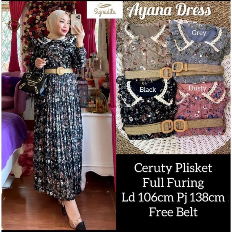 AYANA DRESS PLISKET FREE BELT CANTIK BY SIGNADILA