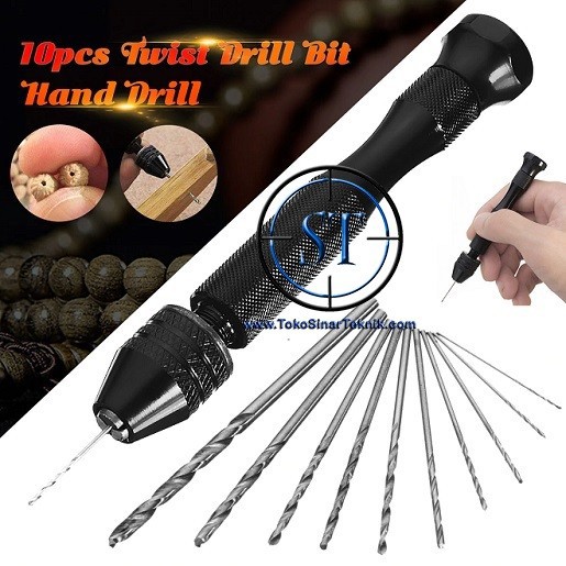 Mini Micro Aluminum Hand Drill Bor Tangan Manual Bentuk Pen Hitam bonus 10 Mata Bor HSS PCB Mini Serbaguna