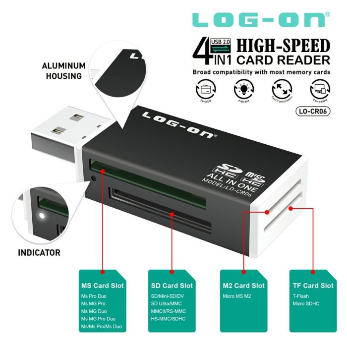 CARD READER MULTI LO-CR06 4 IN 1 HIGH SPEED 480MBPS USB 2.0 MICRO SD LOG ON