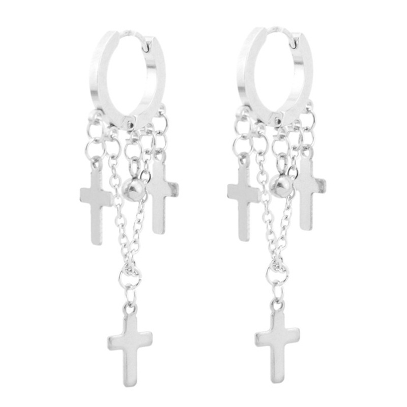Fancyqube Anting Tindik Palsu Bahan Stainless Steel Bentuk Salib Aksen Rantai Rumbai Untuk Pria Dan Wanita