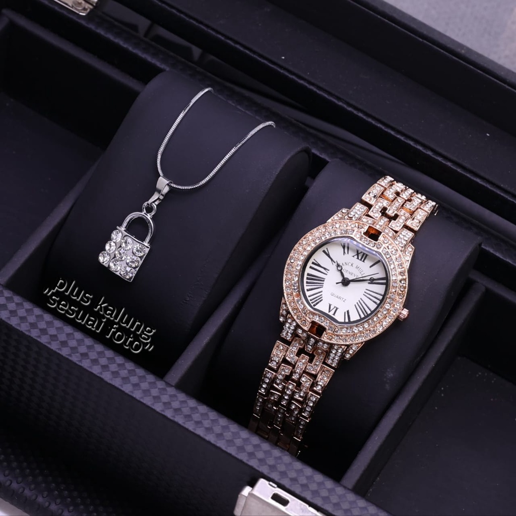 Jam Tangan Wanita L3602S Tali Rantai Case Permata Free Box Kalung &amp; Baterai