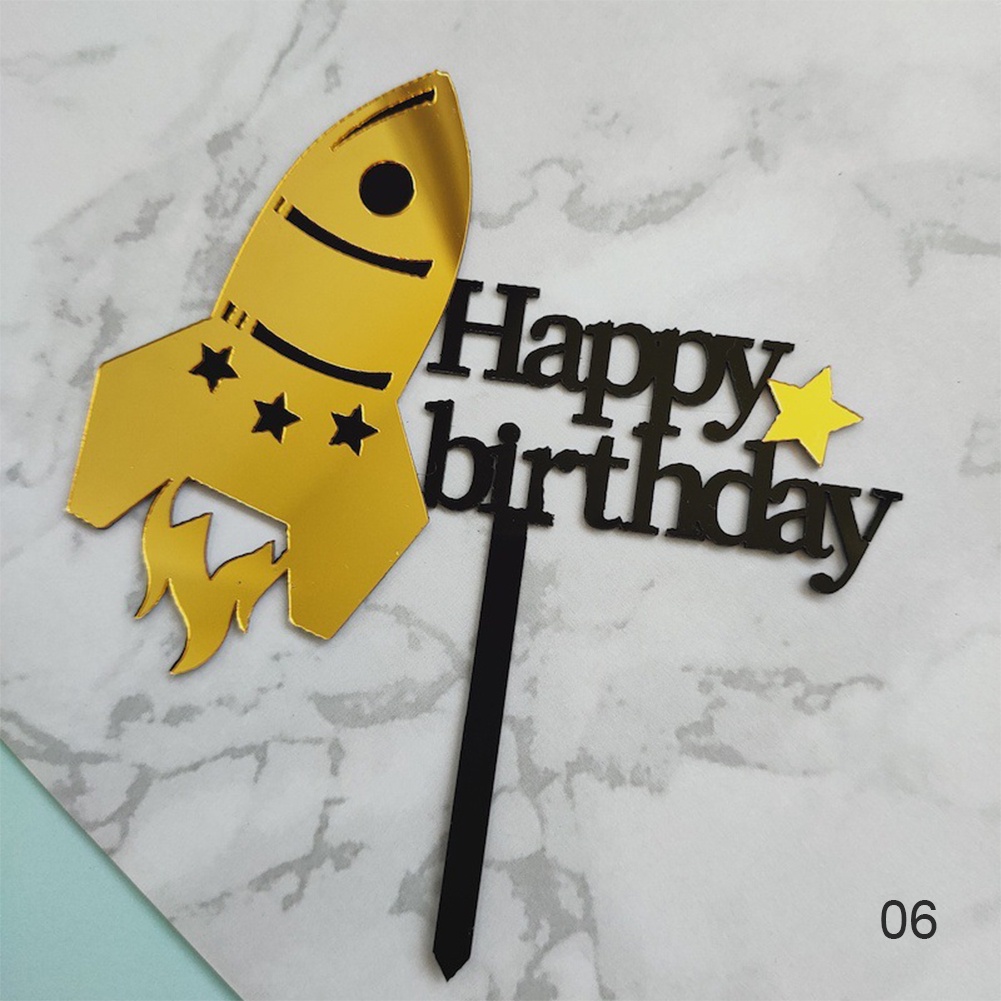 【TK】Creative Acrylic Rocket Cake Topper Diy Happy Birthday Cake Toppers Dessert Decoration For Kids Birthday Party