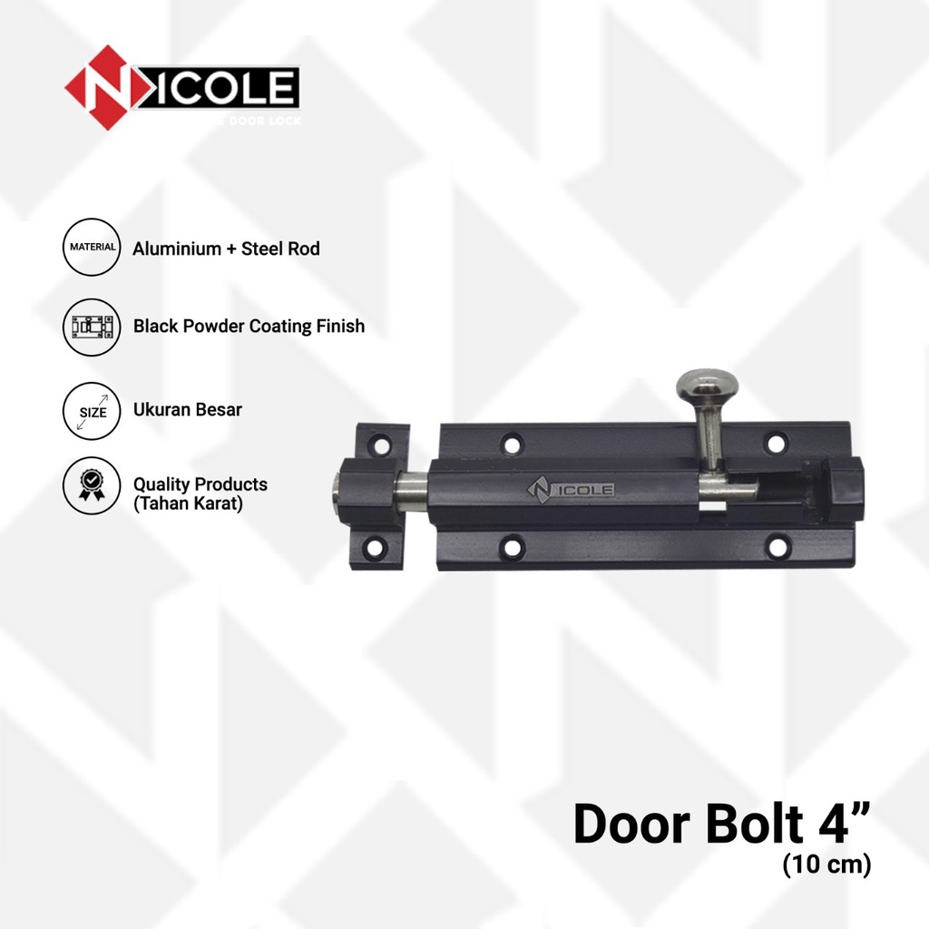 Nicole Grendel Slot Pintu Bulat Segi 6 / Hexagon Door Bolt Black/ 4 Inch