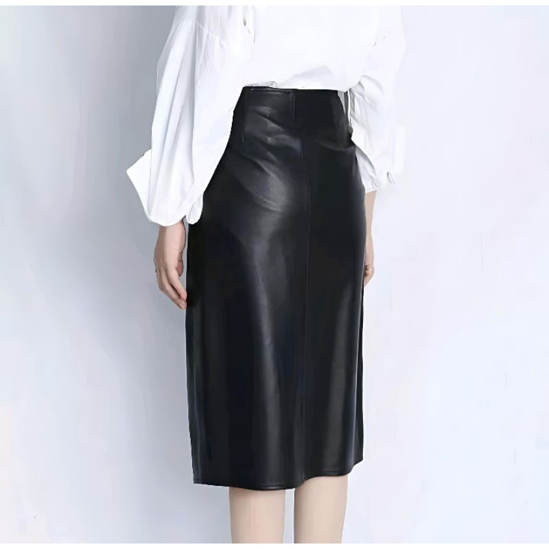 Rok Wanita PU Leather Rok Midi Body Wrap Asimetris 2022 by Tailor Labs - S6697