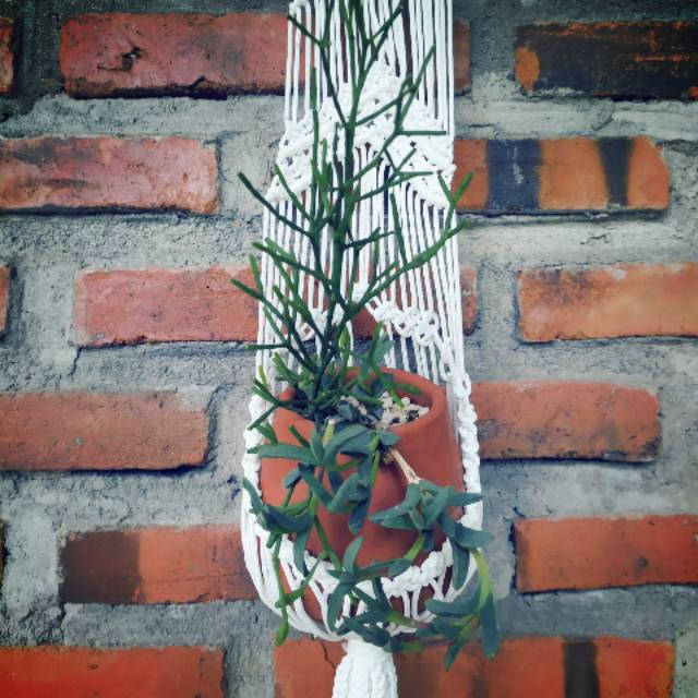Makram / Macrame Handmade Tali Kur Pot Tempel Ring Besi Anti Air Warna Putih