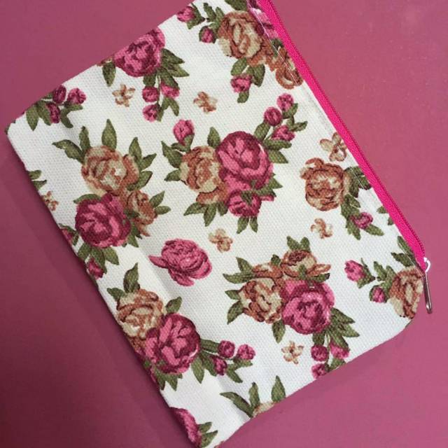 White Floral Pouch with Pink Zip