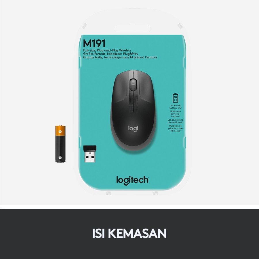 Logitech M190 CHARCOAL Mouse Wireless Full Size untuk Windows, Mac, Chrome OS &amp; Linux ABU