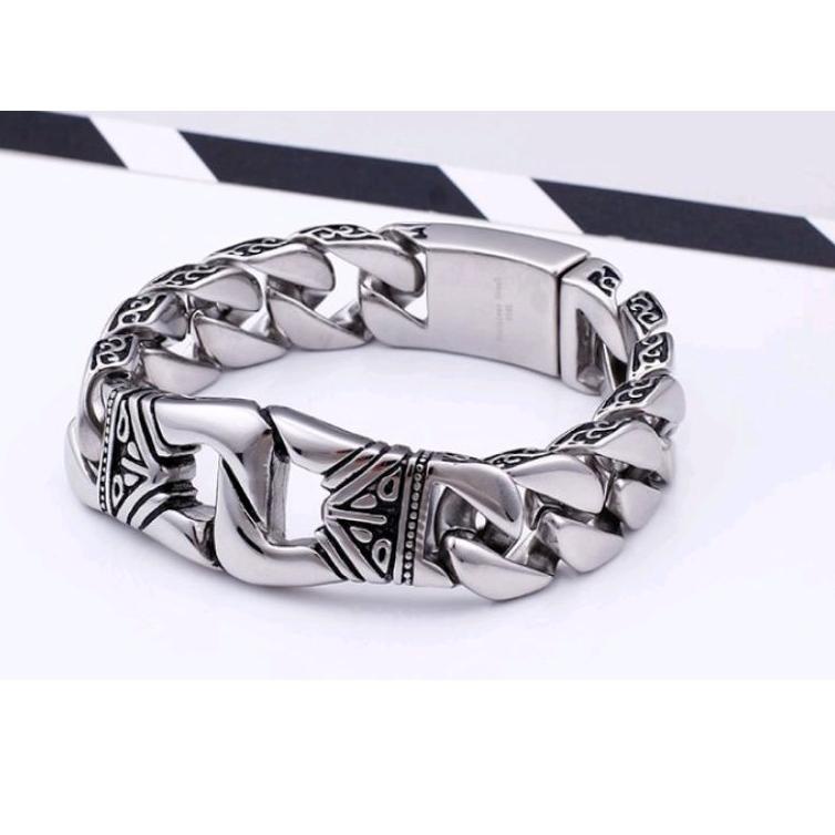 Koleksi Terbaru.. Gelang Pria Titanium Silver 316L Stainless Steel 18mm Totem Kerf Chain Bracelet