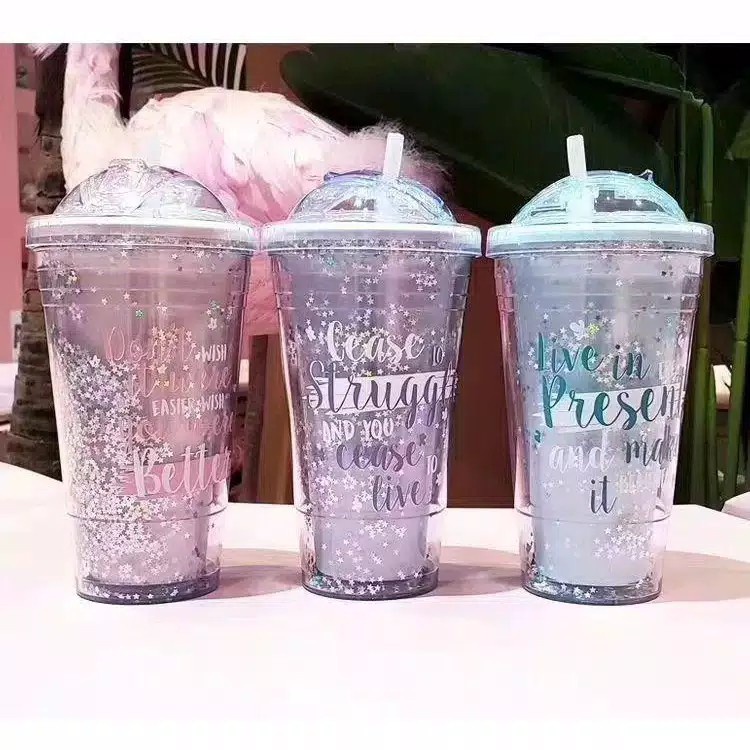 TURUN HARGA COD/BAYAR DITEMPAT!!! Gliter Tumbler Botol minum cups blink botol minum gelas sedotan  450ml