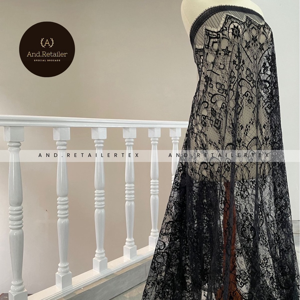 Bahan Kebaya Brokat Semi France Lace Chantily Shantily Katun Per panel 2,5m Warna Hitam Black