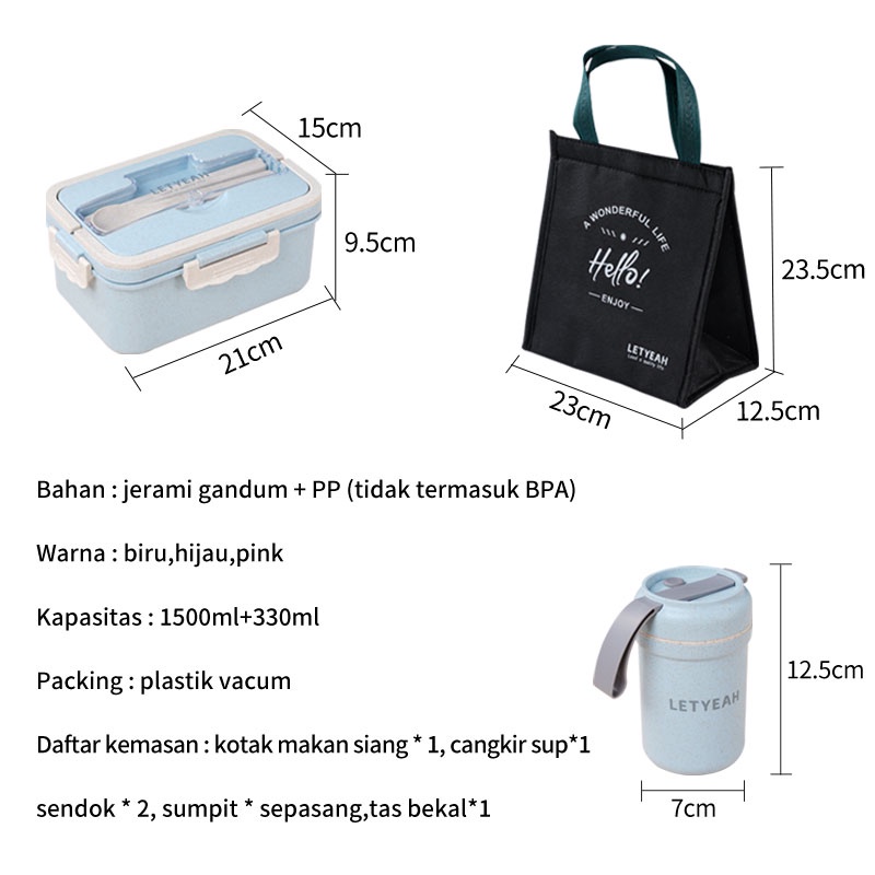 Letyeah &amp; Kaizenliving Lunch box set anti tumpah/ jerami gandum kotak makan set /lunch box tas set portable