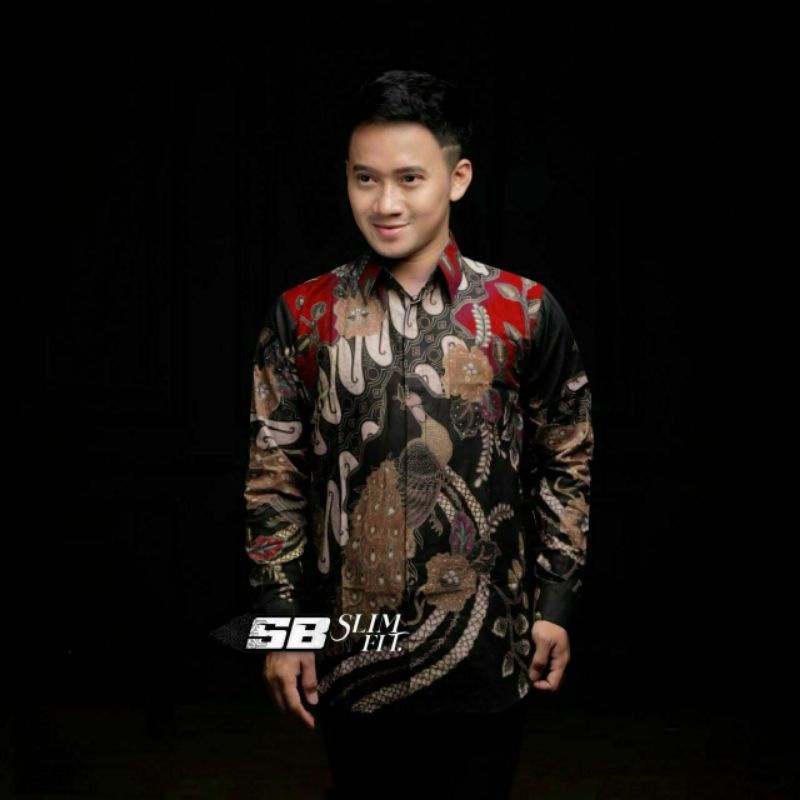 Kemeja Batik Pria Lengan Panjang Baju Batik Pria Motif Merak Seno Merah