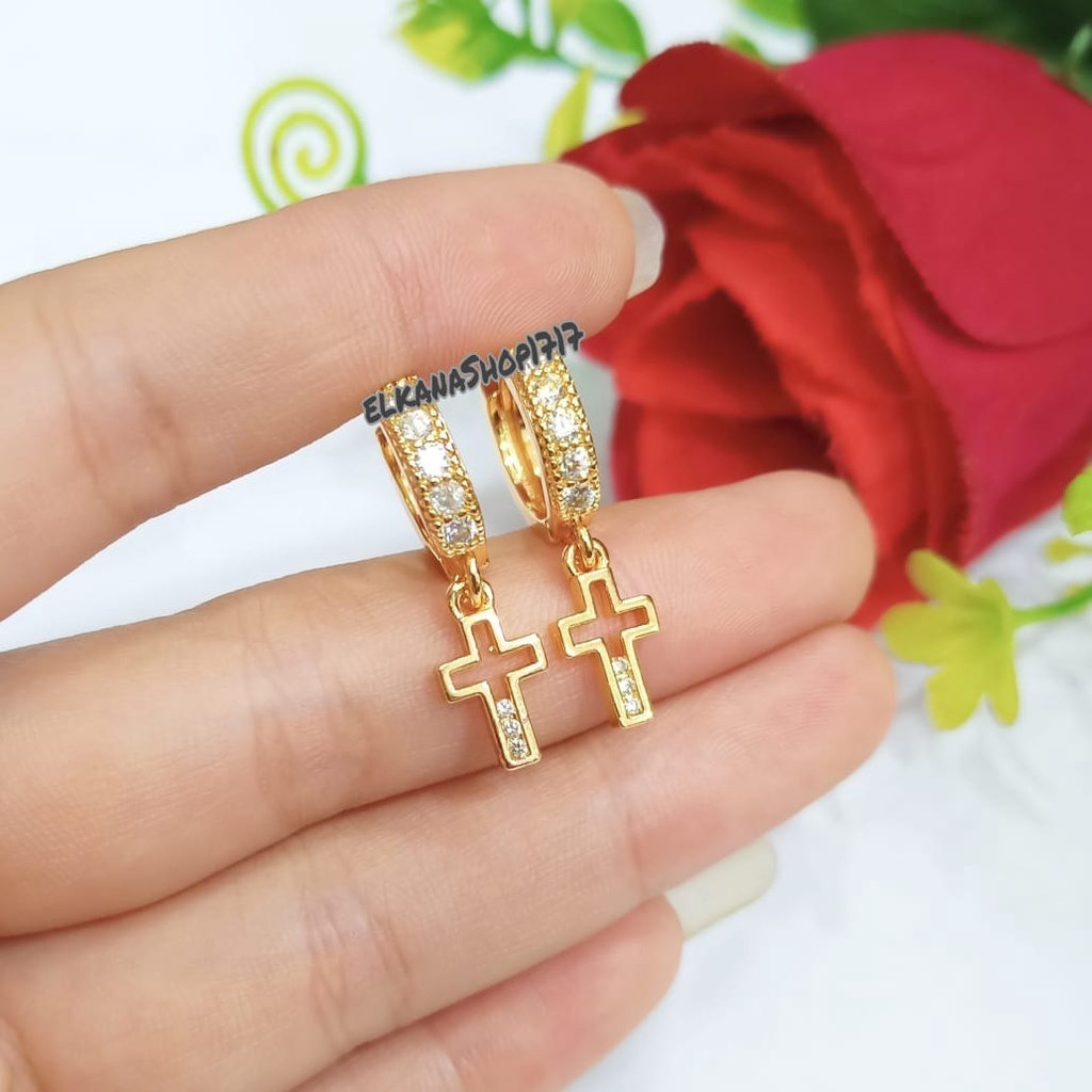 Anting Jepit Jurai salib trendy logam emas Korea tidak karat