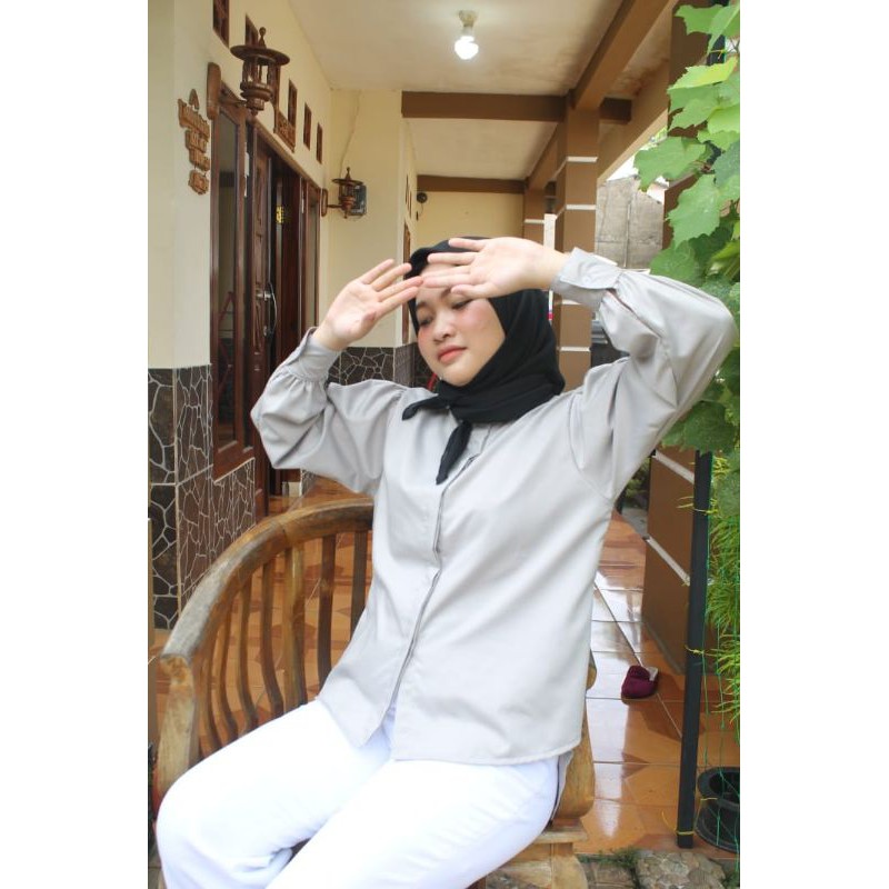 Baju atasan kemeja polos lengan balon panjang kerja kantor kuliah fashion ootd cewek wanita