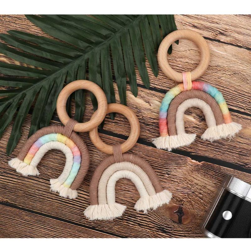 Mary Mainan Teether Ring Kayu Macrame Rumbai Boho Untuk Dekorasi Stroller Bayi