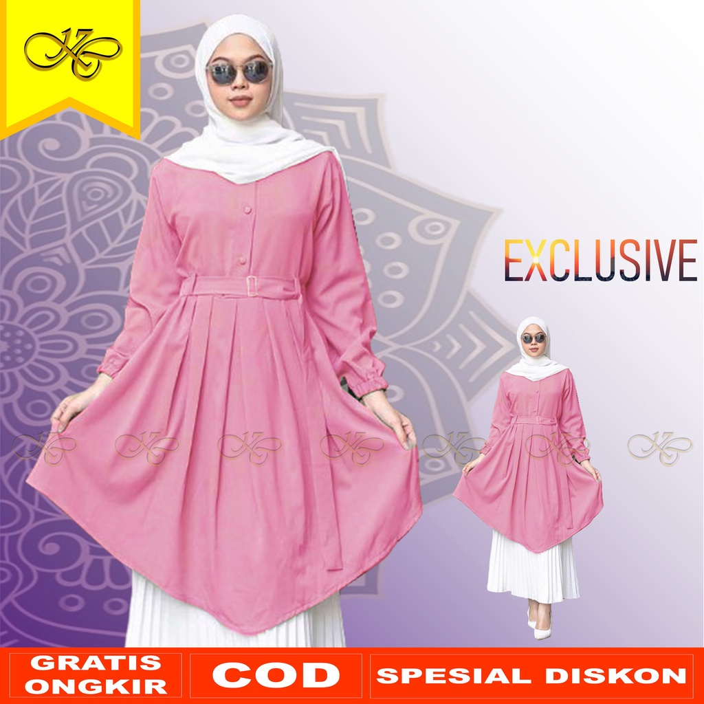 Tunik Salur Jumbo Tunic Ceruty Hijabchic Polkadot Syari Muslim Kancing Depan Full Kemeja Blueberry C