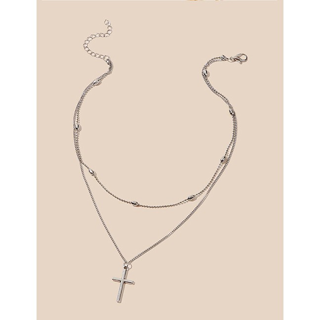 LRC Kalung Fashion Silver Cross Round Bead Chain Double Necklace K25136