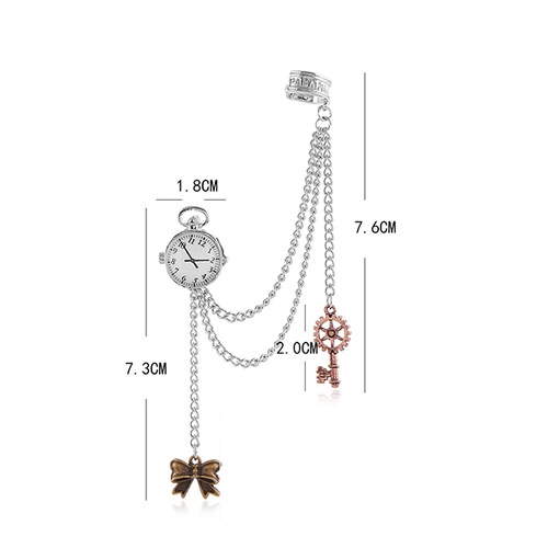 LRC Anting Tusuk Fashion Silver Single Ear Clip With Bow And Clock Key Chain A61061