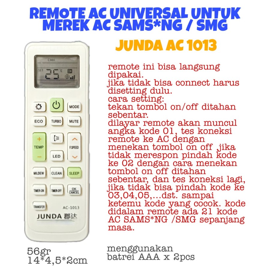 REMOTE AC UNIVERSAL SAMSUNG JUNDA AC-1013 ALL TYPE