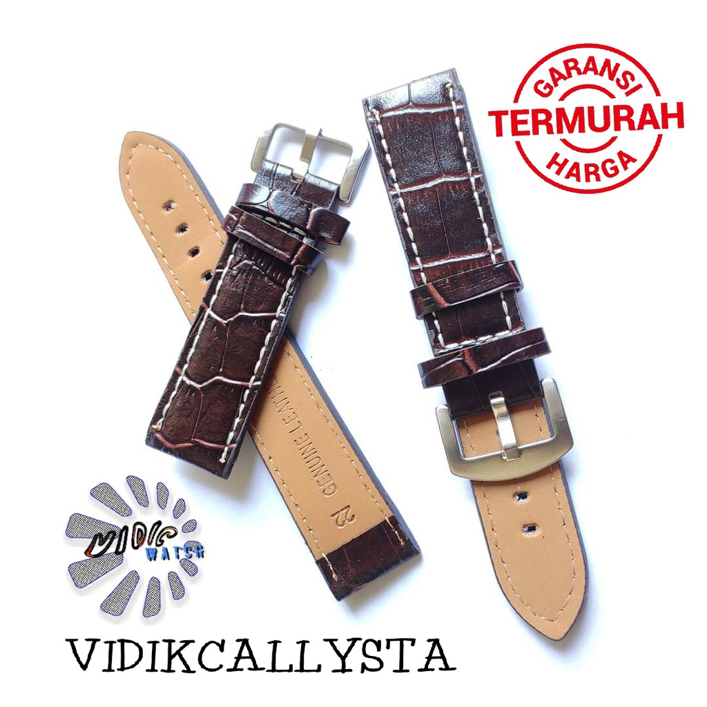 Tali jam Tangan kulit motif jahit Putih 22mm Coklat tua 22 mm