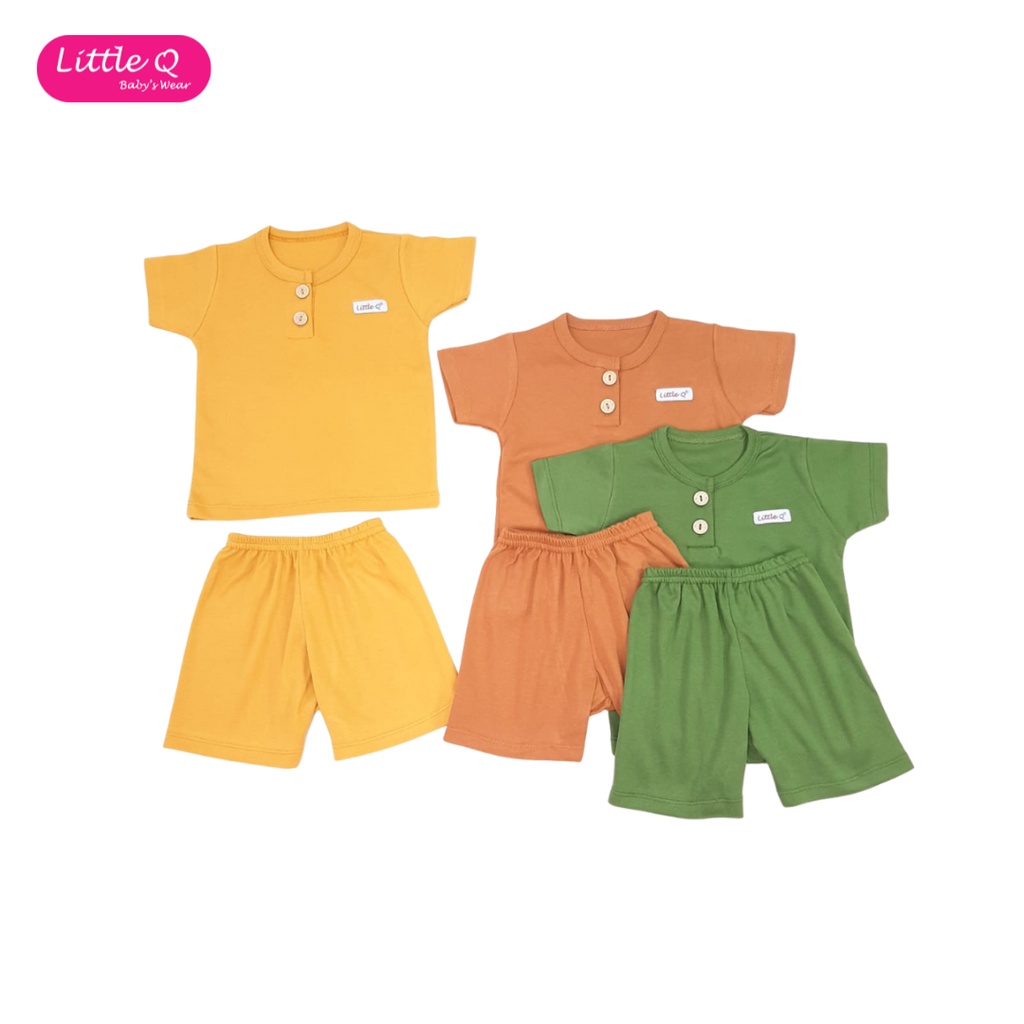 [Size SML] Little Q Polos Plain Set Mix Setelan Pendek Kancing Dada Celana Pendek 3/4 Isi 3 Pcs