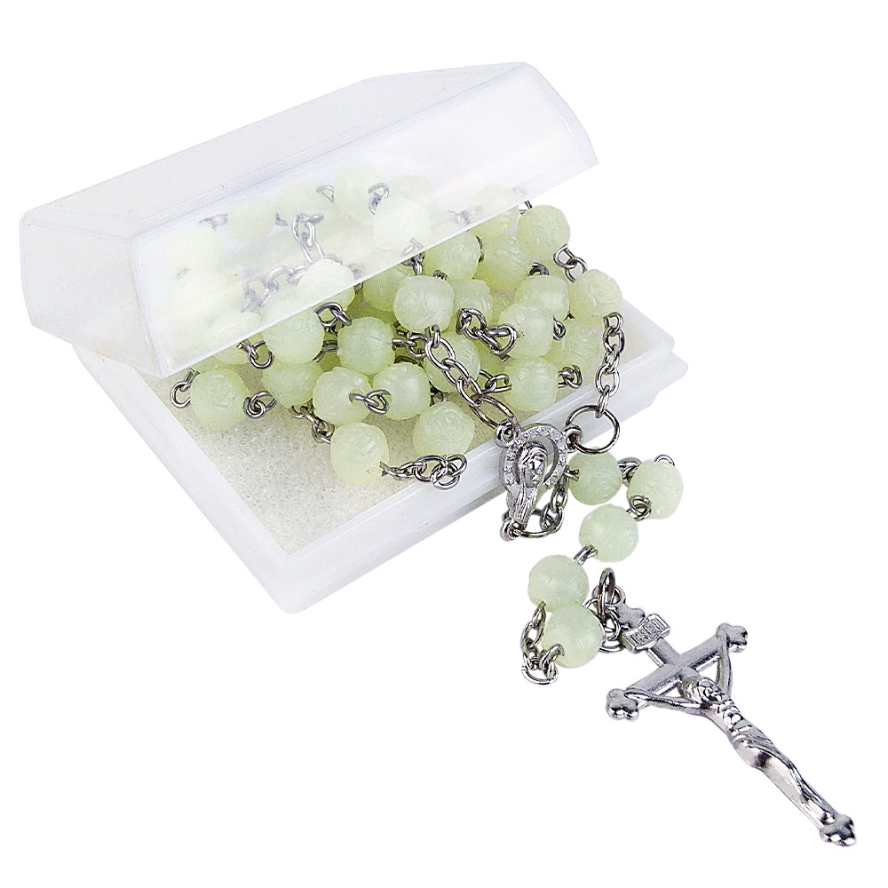 Rosario Maria Kalung Manik Mote Resin Fosfor 6 mm Harces Salib Logam Glow in The Dark Menyala