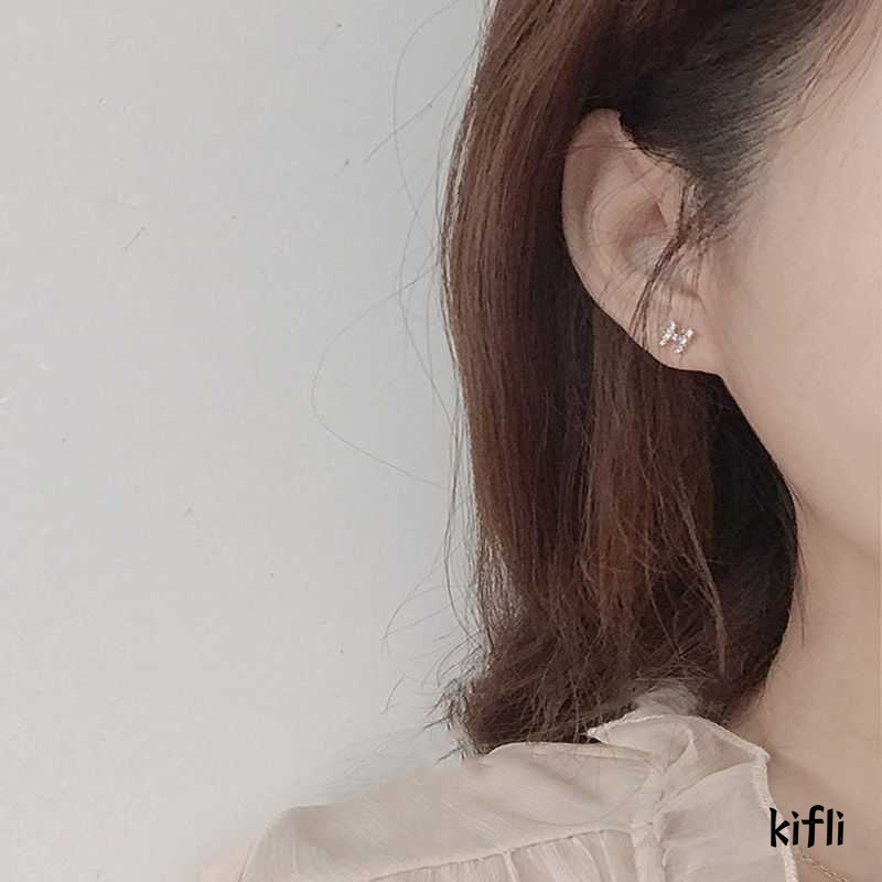 2 Pcs Perak Jarum Zirkon Anting-Anting,Bunga Kupu-kupu Huruf, Sendok Tulang Telinga Kuku,Wanita Fashion Aksesoris