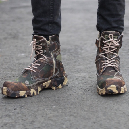 Sepatu Boots Ujung Besi Safety CAMO Loreng High /Low Sepatu Berburu Hutan Naik Gunung Sepatu Pdl/Pdh termurah