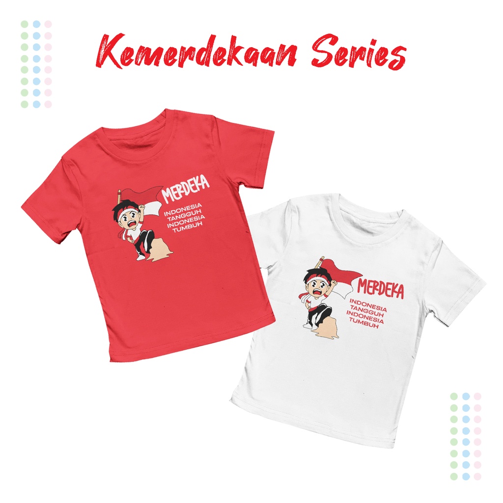 Kaos Agustusan Anak Laki-laki dan Perempuan Unisex 1-14 tahun Motif Merdeka Indonesia