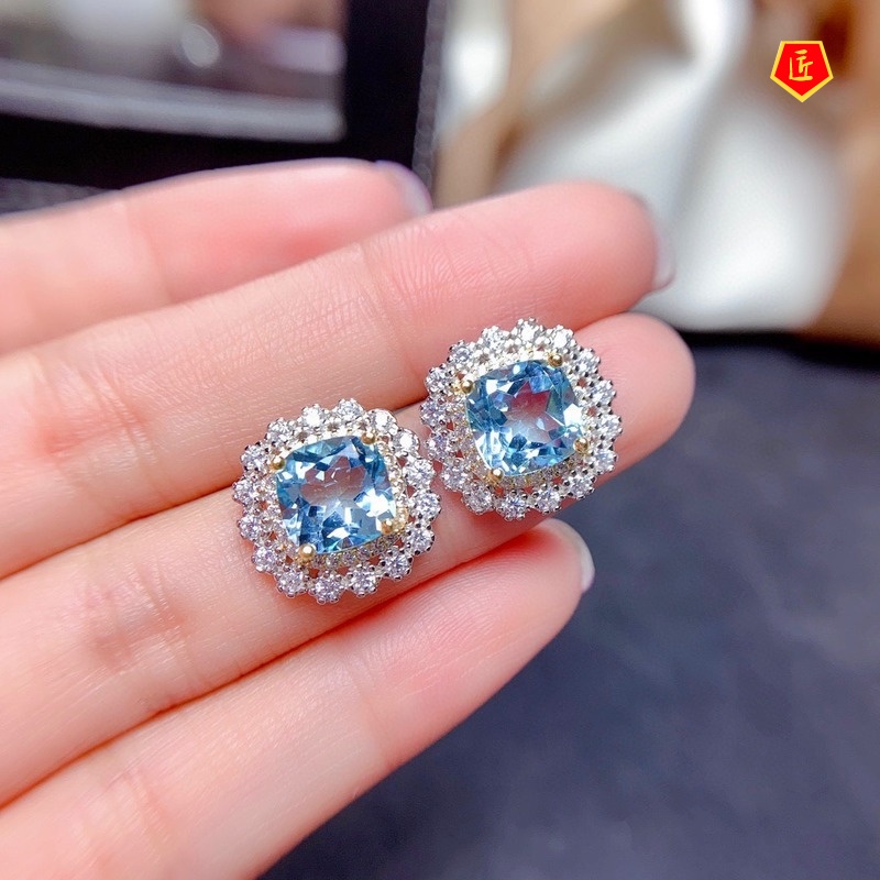 [Ready Stock]Natural Colorful Crystal Necklace Suit Blue Topaz Rings Ear Studs