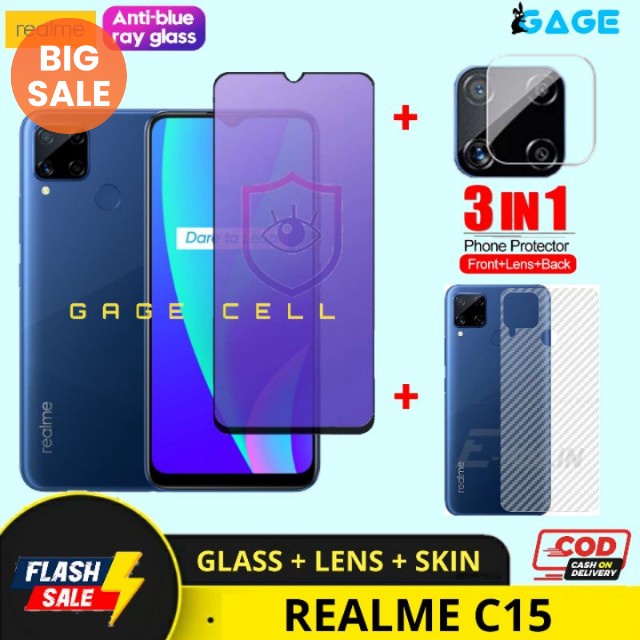 3in1 Tempered Glass Anti Blue Light Realme C15 - Tg Antigores Radiasi Realmi C15 Full Layar Screen