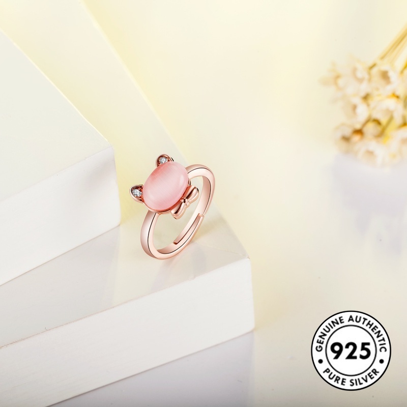 Cincin Sterling Silver 925 Model Beruang Dengan Kristal Warna Pink Untuk Wanita