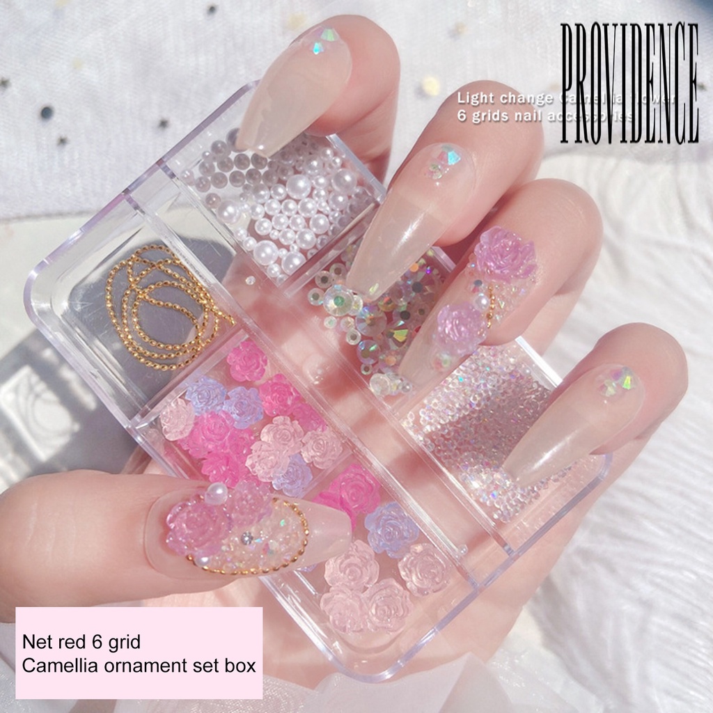 Providence 6 Sekat / Kotak Hiasan Kuku Bentuk Bunga Kamelia / Aurora / Mutiara Putih Untuk Nail Art Wanita