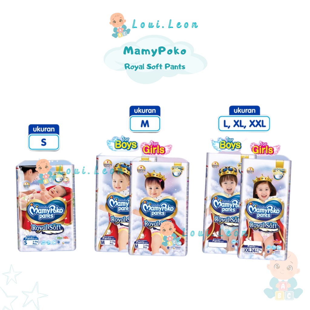 MamyPoko Popok Pants Royal Soft Boys Girls Size lengkap L28 XL24 XXL20 L34 M42 XL30 XXL24 M34 S32 S3