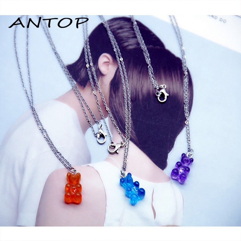 Transparan Beruang Bulat Rantai Kalung Liontin Resin Kartun Warna Cerah Fashion Jewelry ANTOP