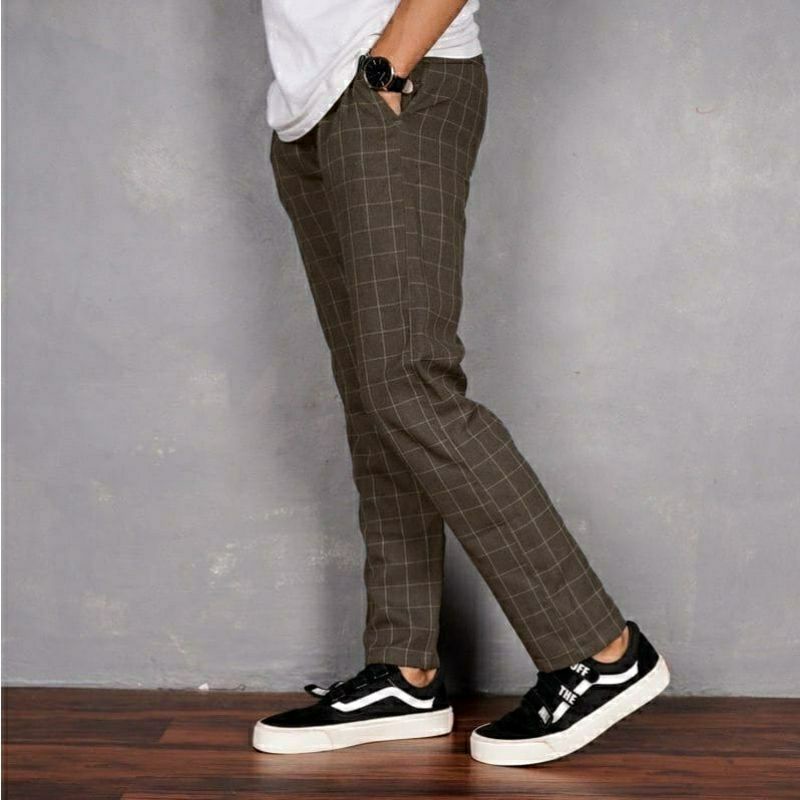 Celana Tartan Pria Slim Fit Long Plants Cowok Celana Panjang Kotak2 Taratan Panjang Celana Kain Hitam Terbaru Kekinian