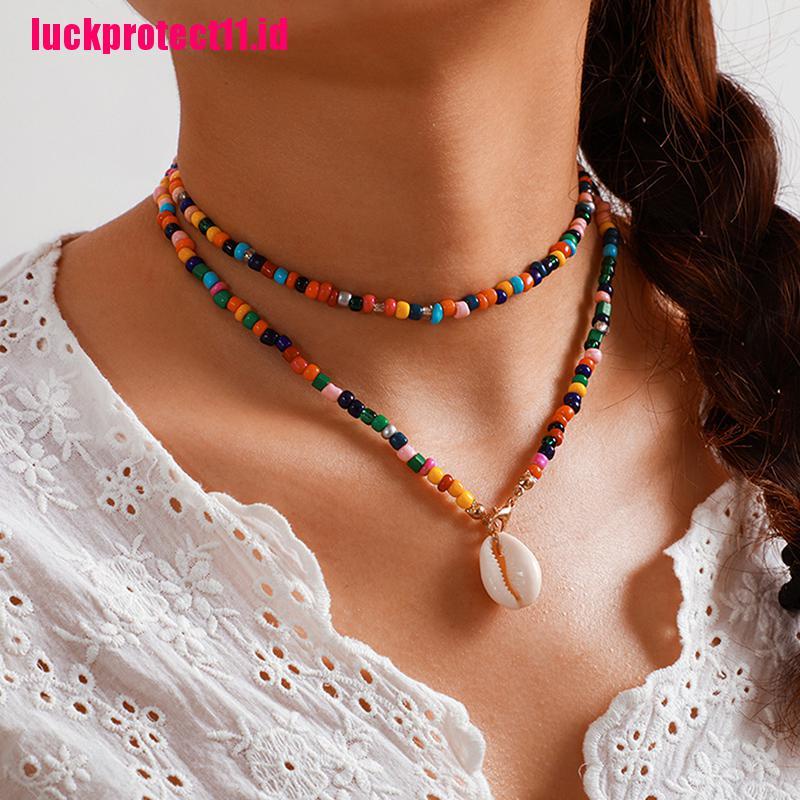 【LUCK】Women Boho Multicolor Beads Shell Necklace Doublelayer Clavicle Choker Jewelry