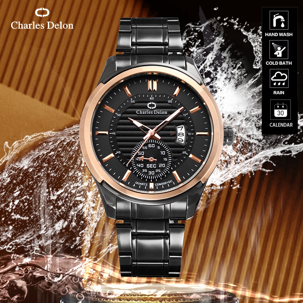 Jam Tangan Pria Watch Rantai Anti Air Tanggal Box Original Charles Delon CDM 5001 GC