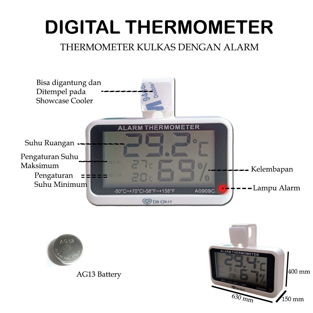 DR GRAY Termometer Kulkas Pendingin dengan Alarm Digital / Thermometer Freezer Chiller IceBag Type A909C