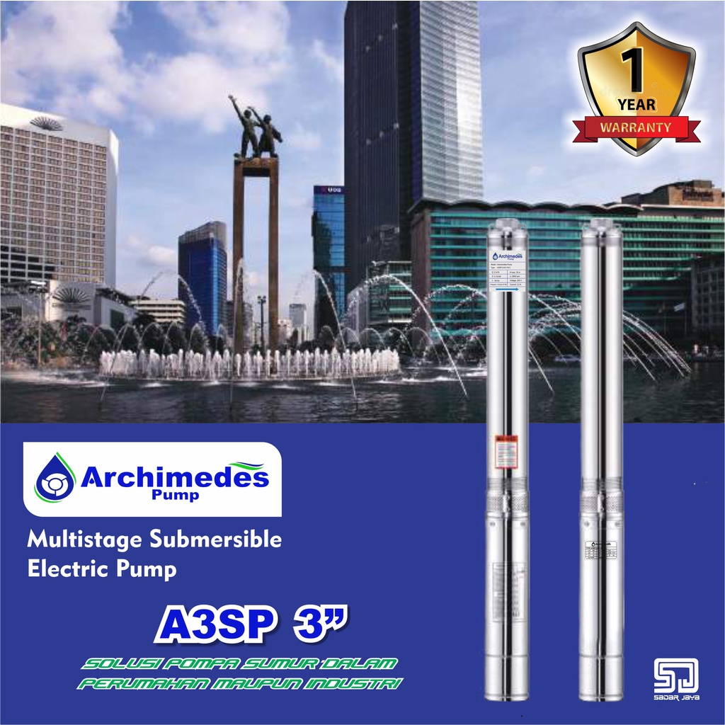 Archimedes A3SP-3-11-0.37C Kabel 40m Pump Submersible 3&quot; Pompa Satelit Bor Sumur Dalam Celup Tanam