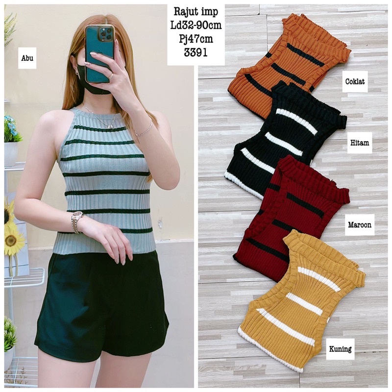 Crop Tee Tanktop Wanita Rajutan Tank top Inner Knit Salur Tebal