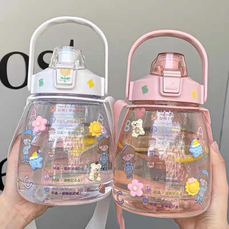 Botol Jumbo Gratis Stiker 2d Dan 3d Botol Viral Korea Gemoy 1300ml/1.3l Anak Sekolah Olahraga Dan Hangout Tempat Minum Gendut Penanda Waktu Big Belly Bening Transparan