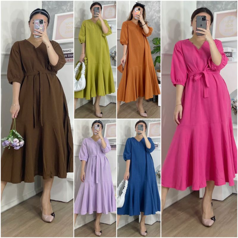 ❣️ SPECIAL PRICE ♡ PREMIUM ♡ DINAR MERMAID PLAIN BOTTOM RUFFLE LOOSE MIDI DRESS ( BUMIL FRIENDLY )