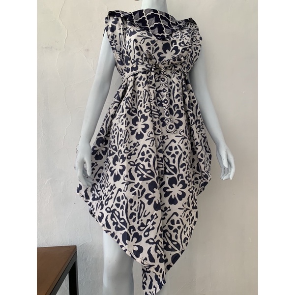 Tunik batik kerja wanita hitam putih unik cantik long asimetris bahan katun primisima motif daun