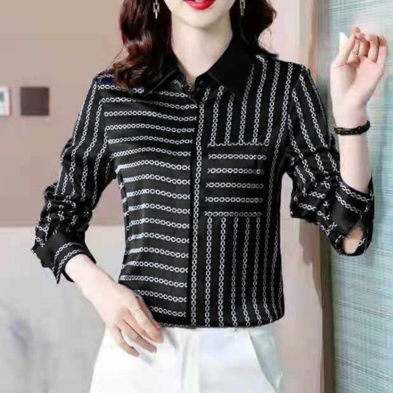 MDLV ~ 7122 Versania Hidden Button Shirt Women Line Shirt Premium Kemeja Garis Kemeja Satin Premium Kemeja Satin Lengan panjang Kemeja Casual Kemeja wanita Fashion Import