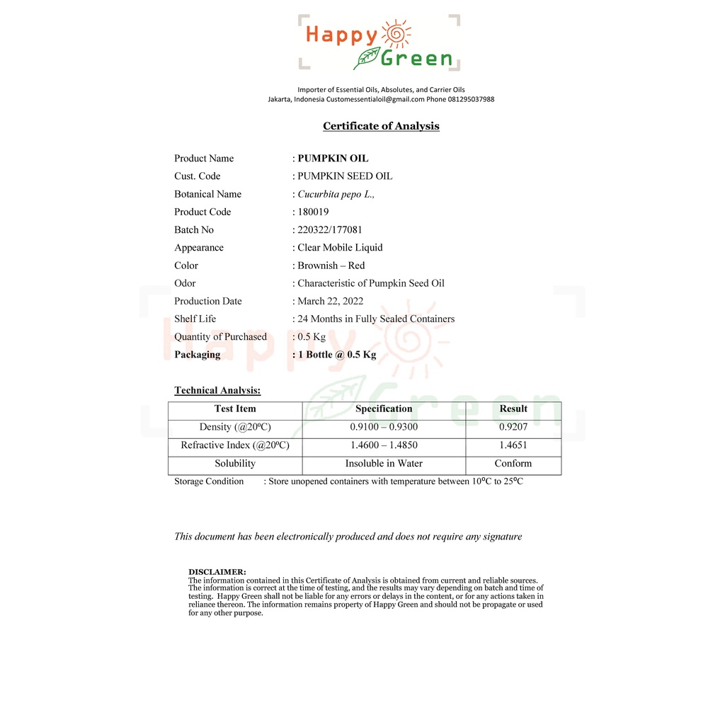 BPOM Approved Happy Green Pumpkin Seed Oil  - Minyak Biji Labu Kuning 100% Murni Pertama Di Indonesia